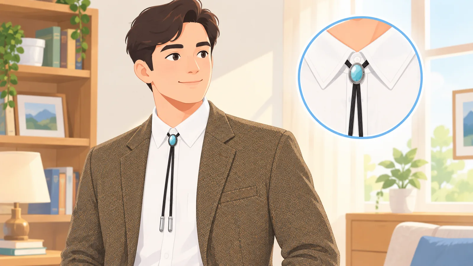 Kaswal na kasuotan na may bolo tie, polo, maong, sinturon, at bota