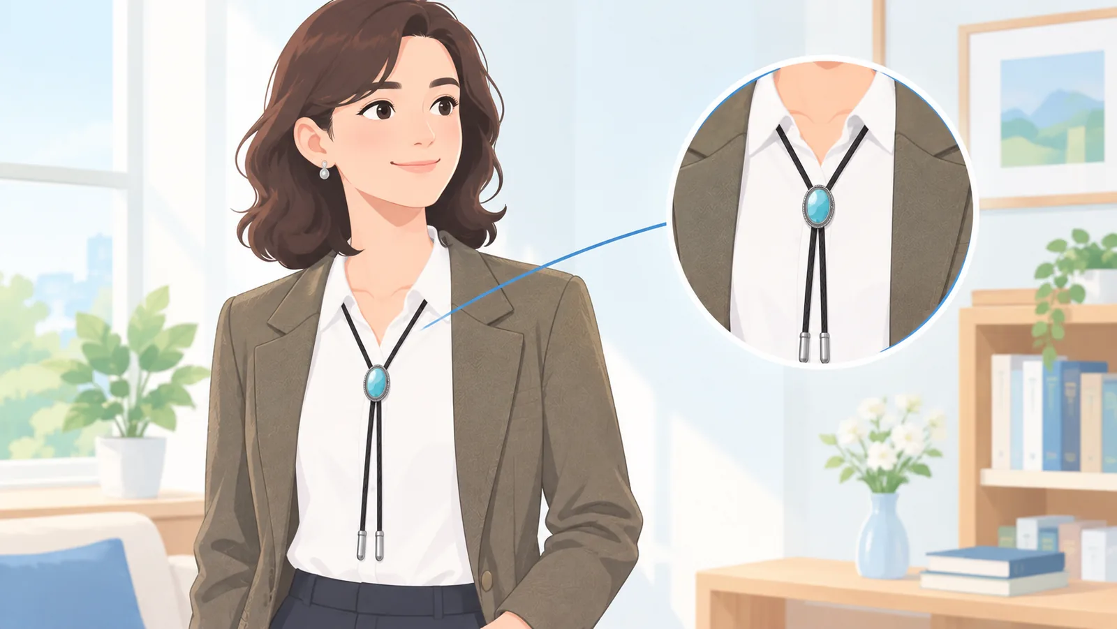 Smart casual na kasuotan na may bolo tie na maliit ang slide