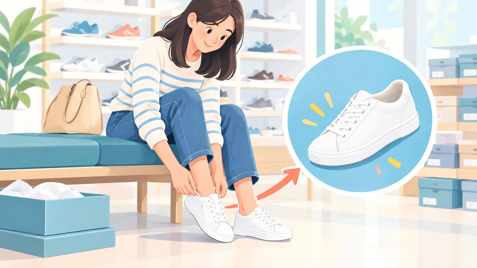 Babaeng nagsusukat ng puting sneakers sa tindahan