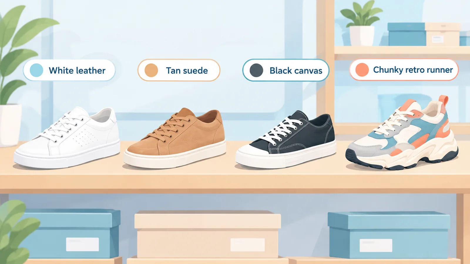 Hilera ng sneakers na magkakaiba ang kategorya ng estilo