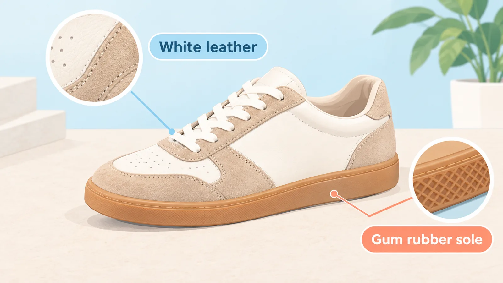 Low-profile na leather sneakers na may suede overlay at gum sole