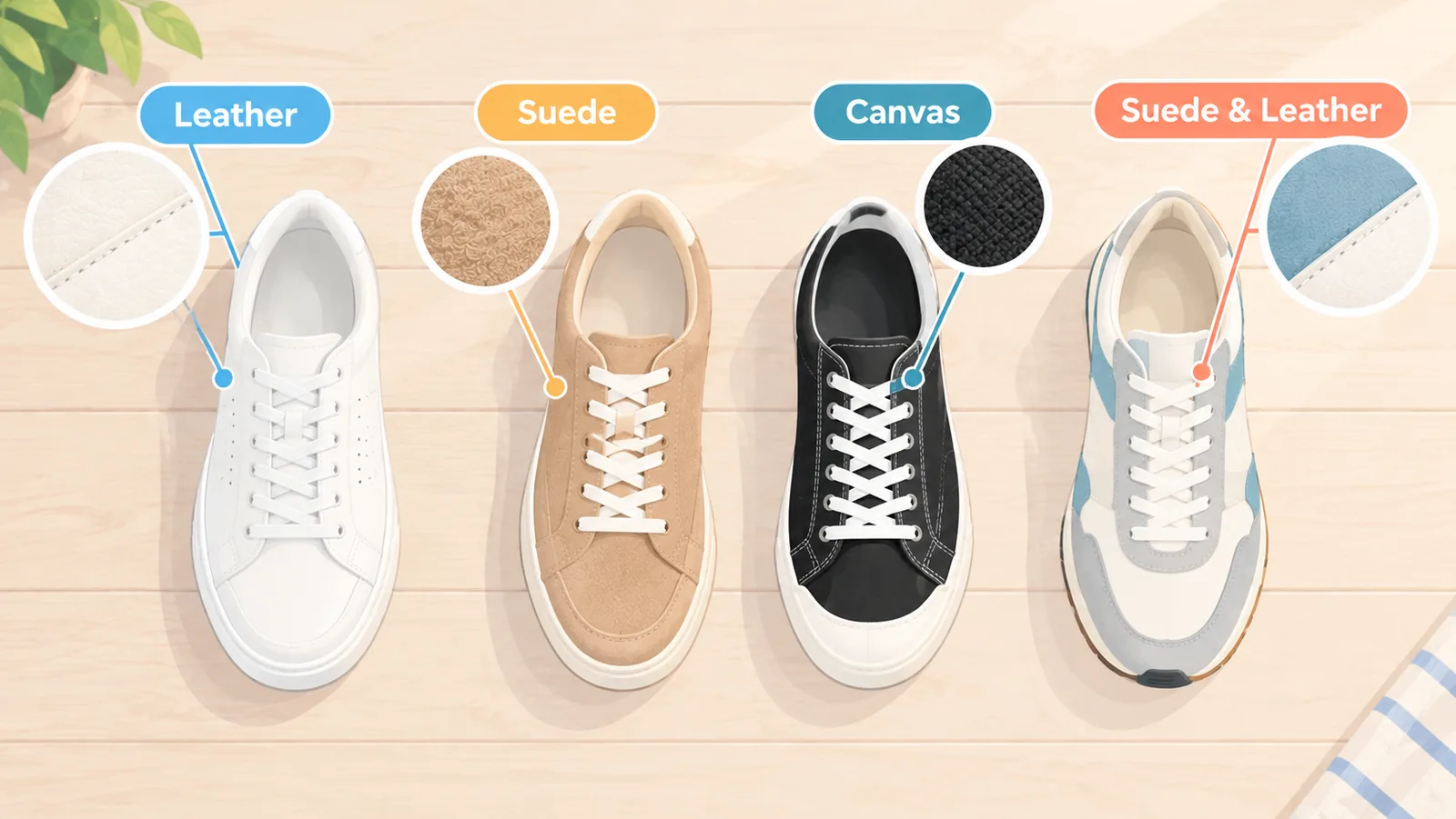 Magkakatabing sneakers na may iba’t ibang materyales at kulay