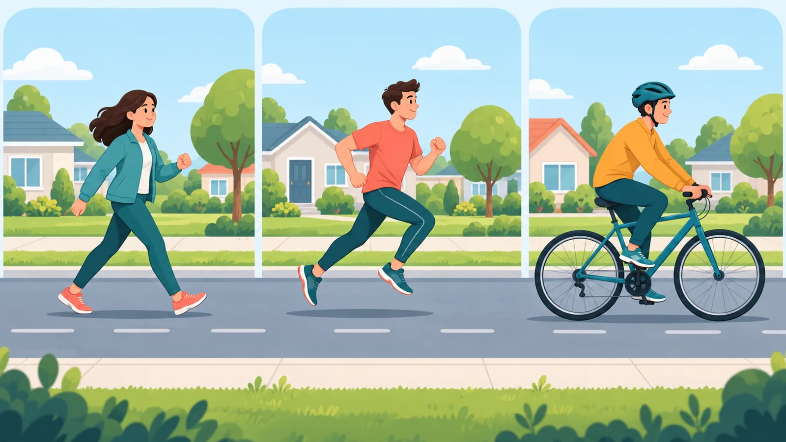 Tatlong paraan ng cardio: paglalakad, pagtakbo, at pagbibisikleta