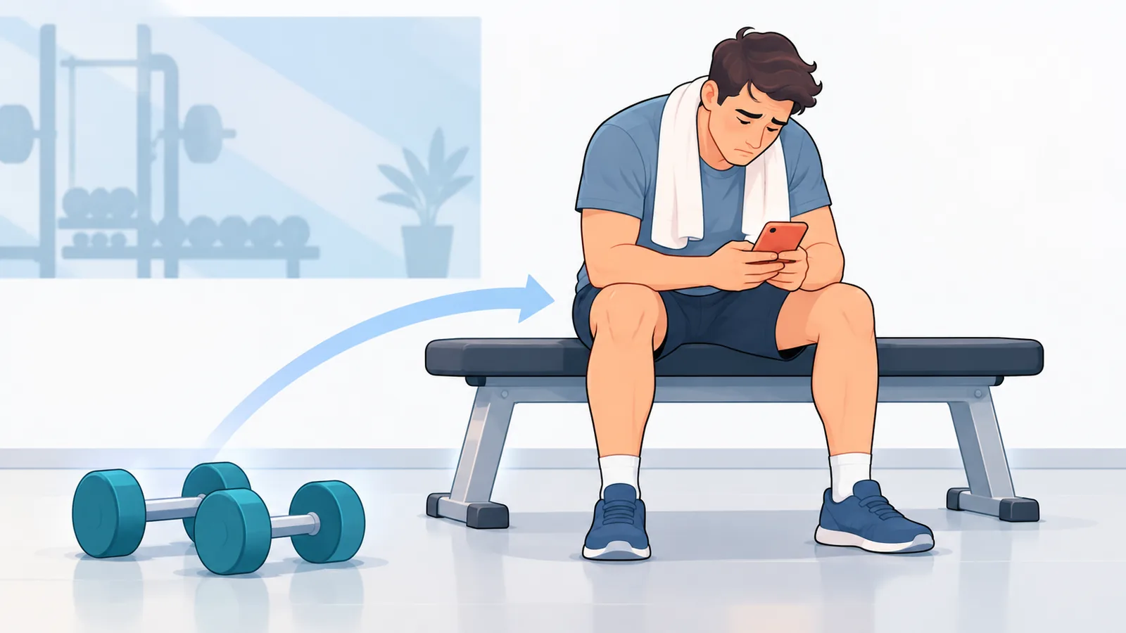 Pagod na taong nakaupo sa bangko ng gym katabi ang mga dumbbell