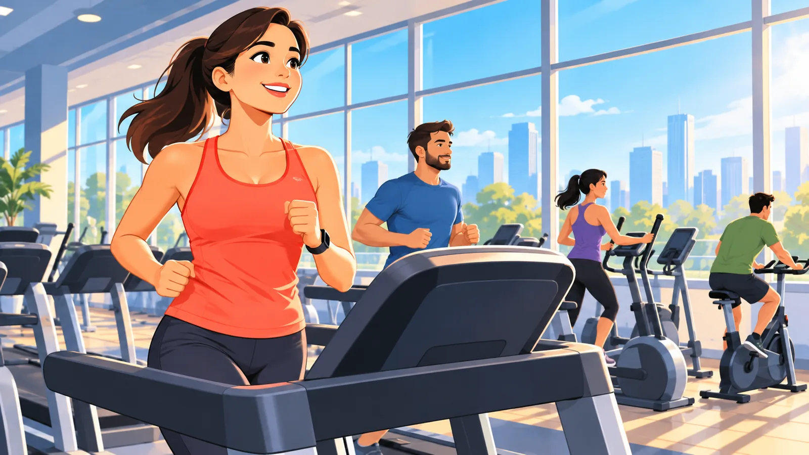 Maliwanag na gym na may hanay ng mga cardio machine at mga taong nag-eehersisyo nang banayad