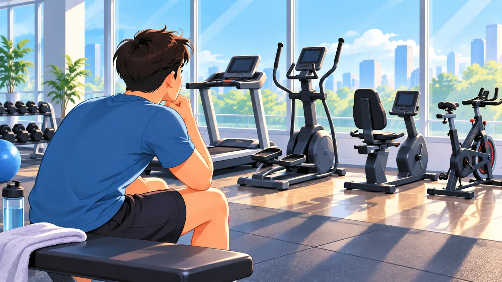 Taong nakaupo sa bangko ng gym na pinag-iisipan kung anong cardio machine ang pipiliin