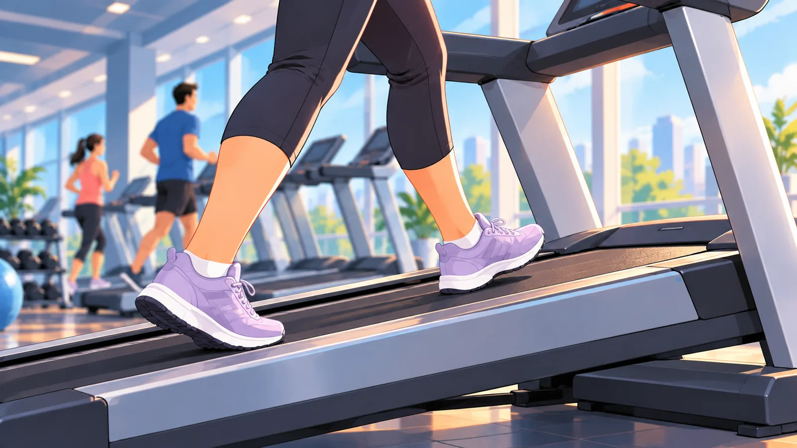 Taong naglalakad sa treadmill na may bahagyang incline