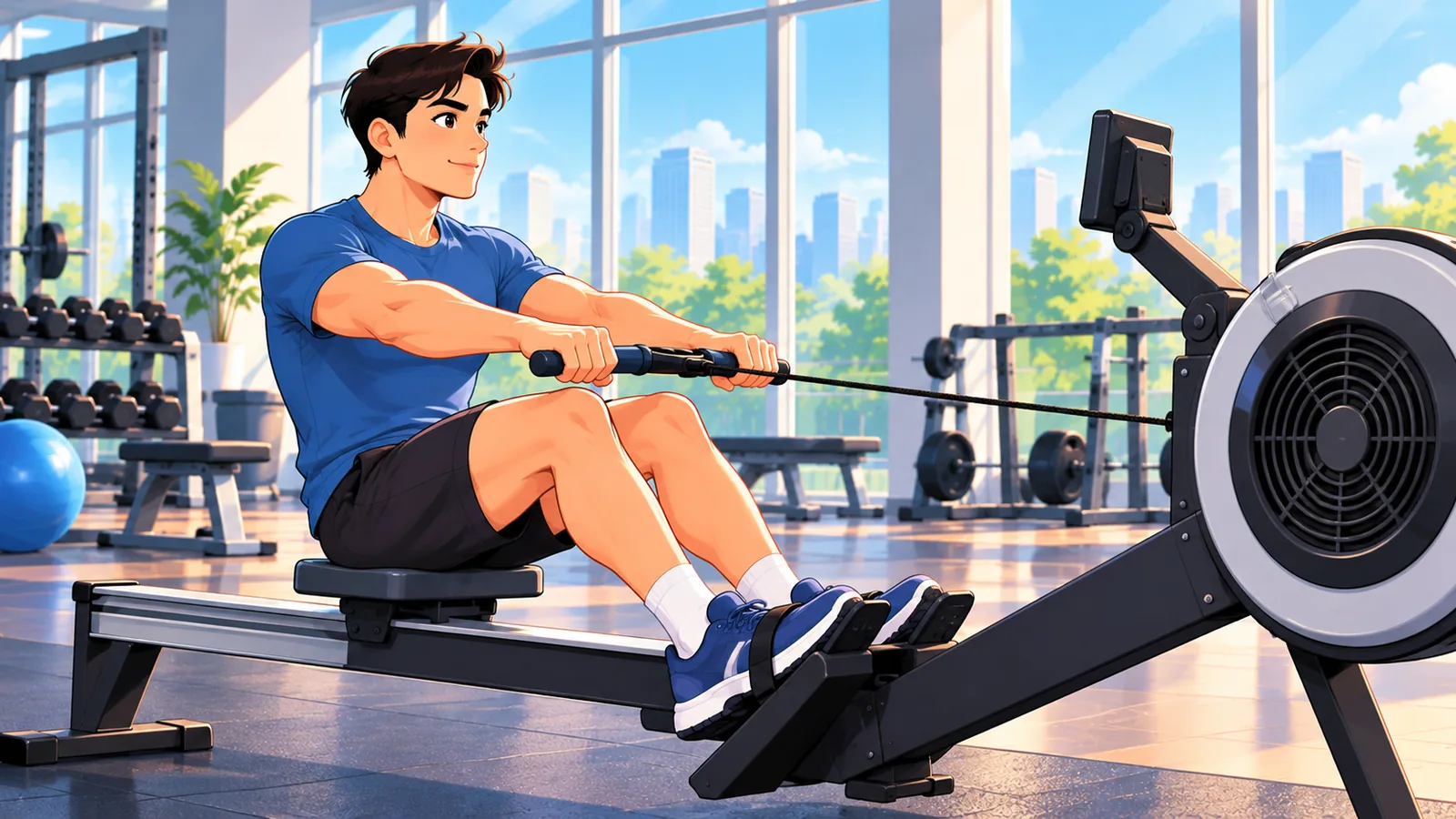 Taong sumasagwan sa rowing machine sa loob ng gym