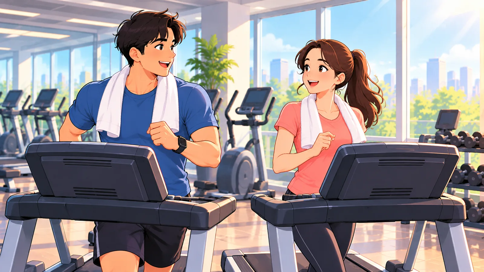 Dalawang magkaibigang nag-uusap habang naglalakad sa treadmill sa komportableng bilis
