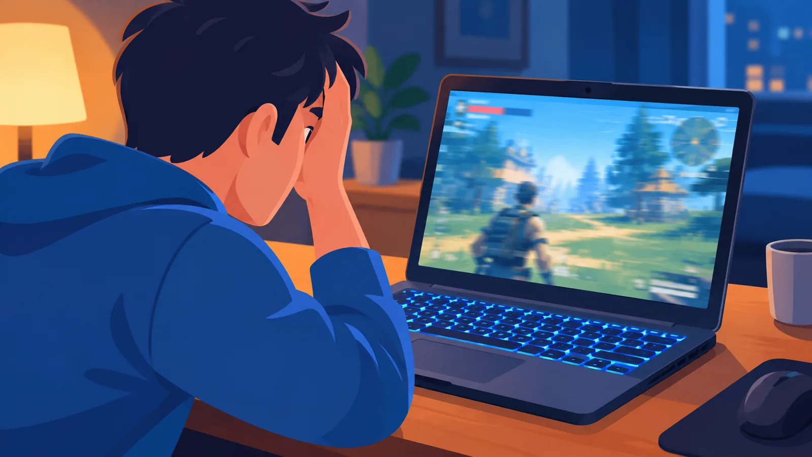 Gaming laptop sa mesa na nauutal ang laro sa screen