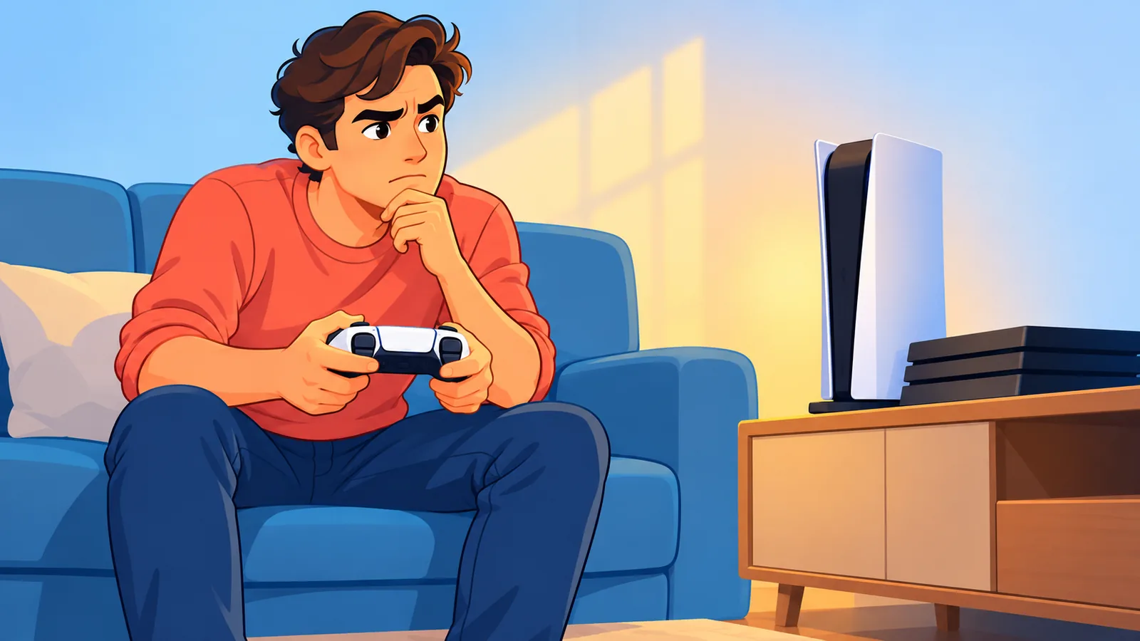 Taong may hawak na controller at PS5 at PS4 na magkatabi sa TV stand