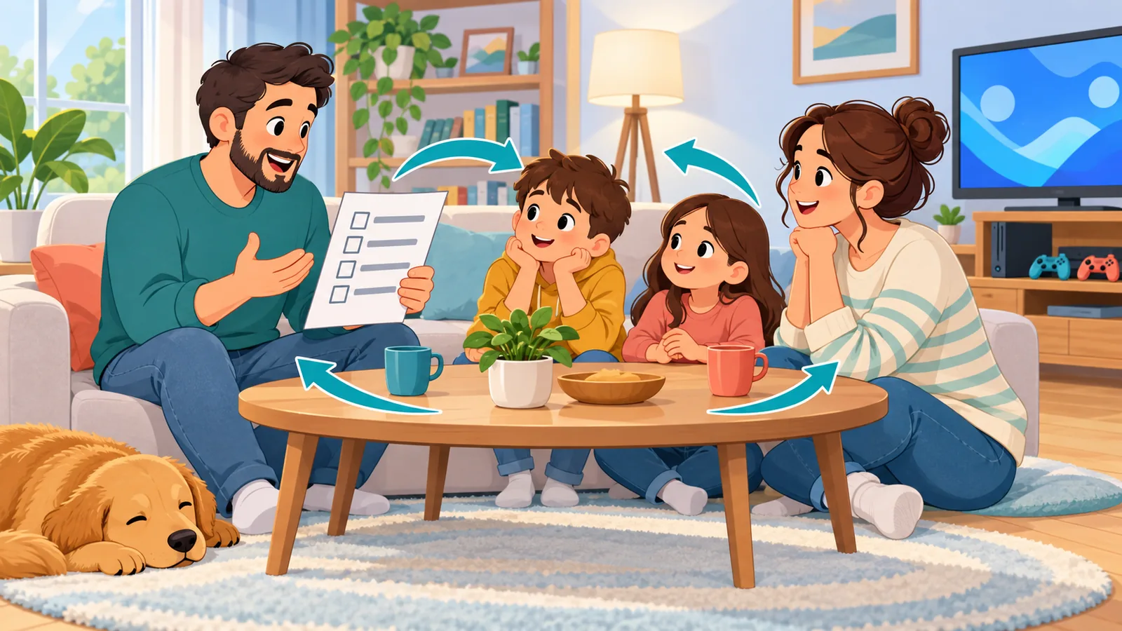 Pamilyang nag-uusap tungkol sa mga madalas itanong sa gameshare