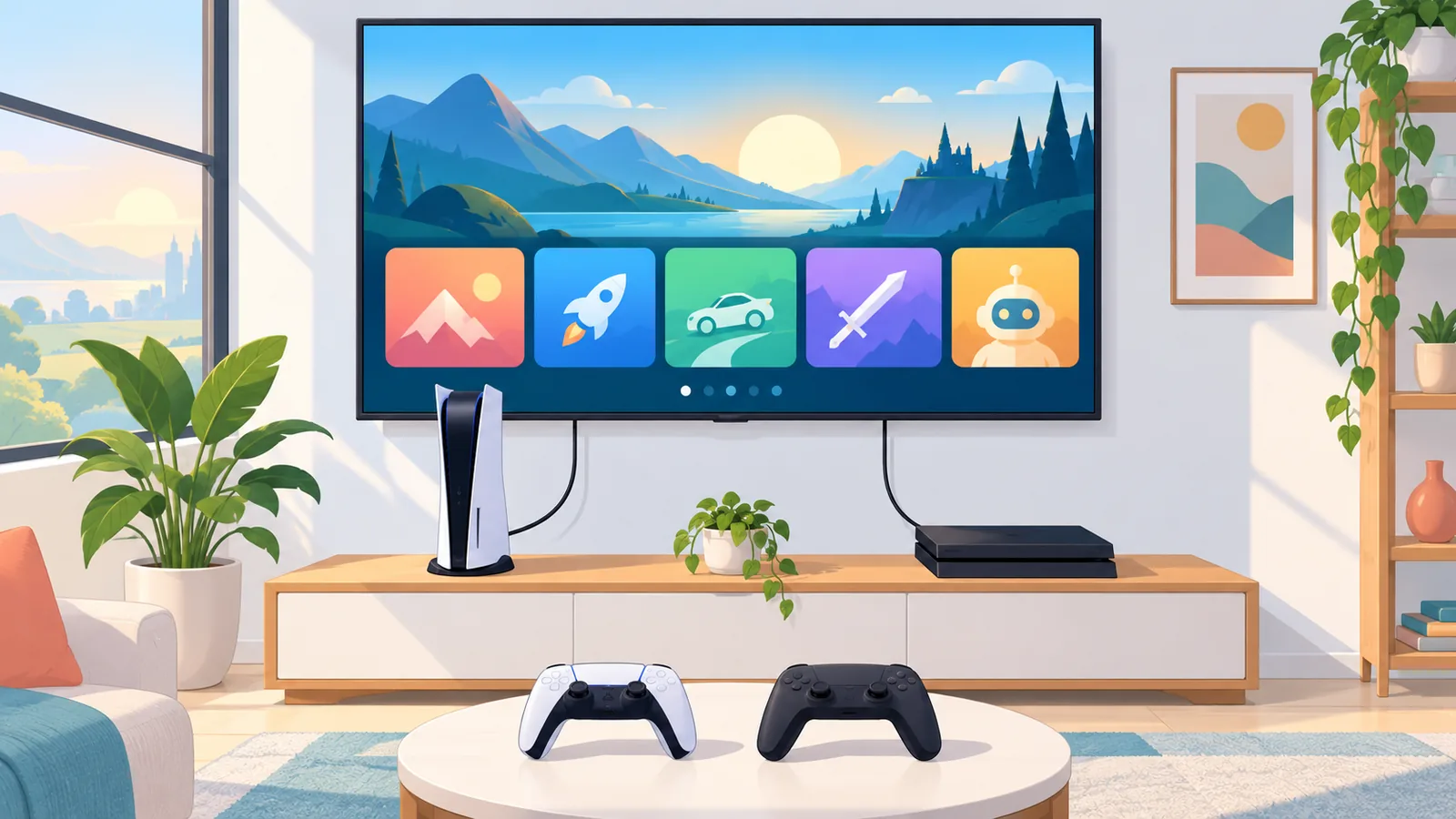 Maayos na gaming setup na may PS5 at PS4