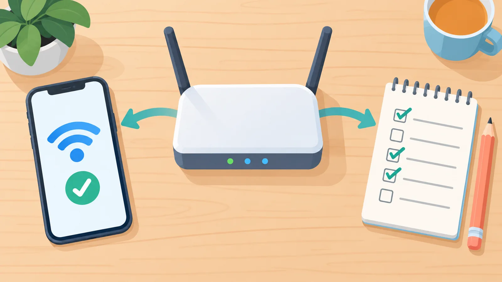 iPhone, router, at checklist ng mga kailangan sa mesa