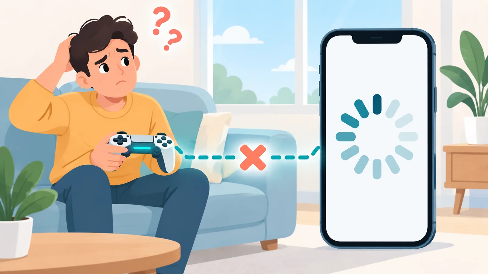 Taong naguguluhan sa loading screen habang hawak ang controller
