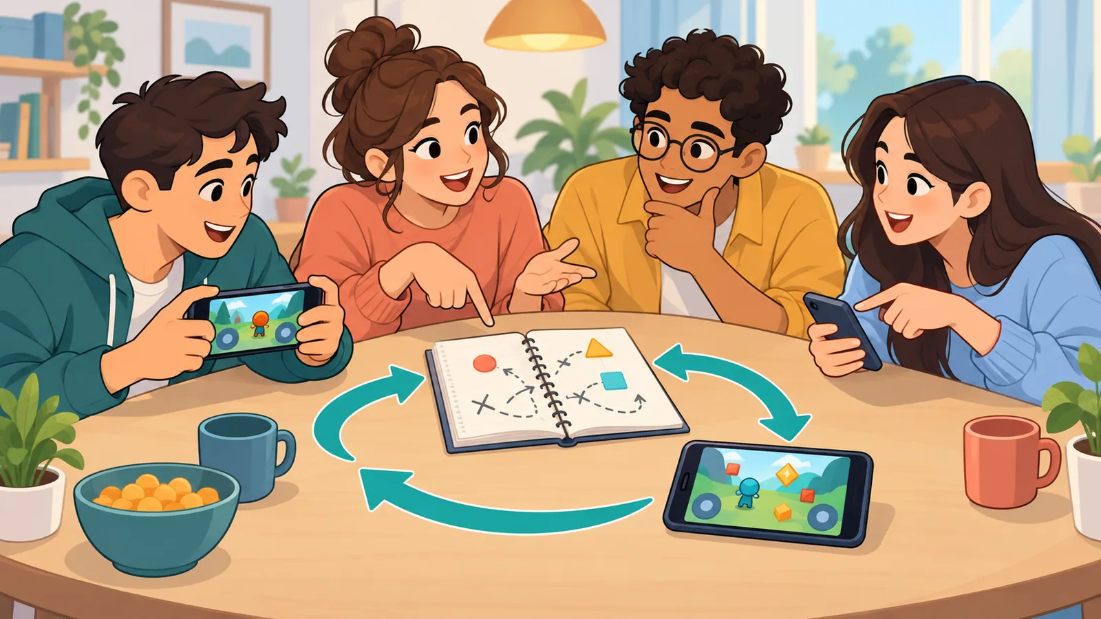 Magkakaibigang nag-uusap tungkol sa mobile gaming