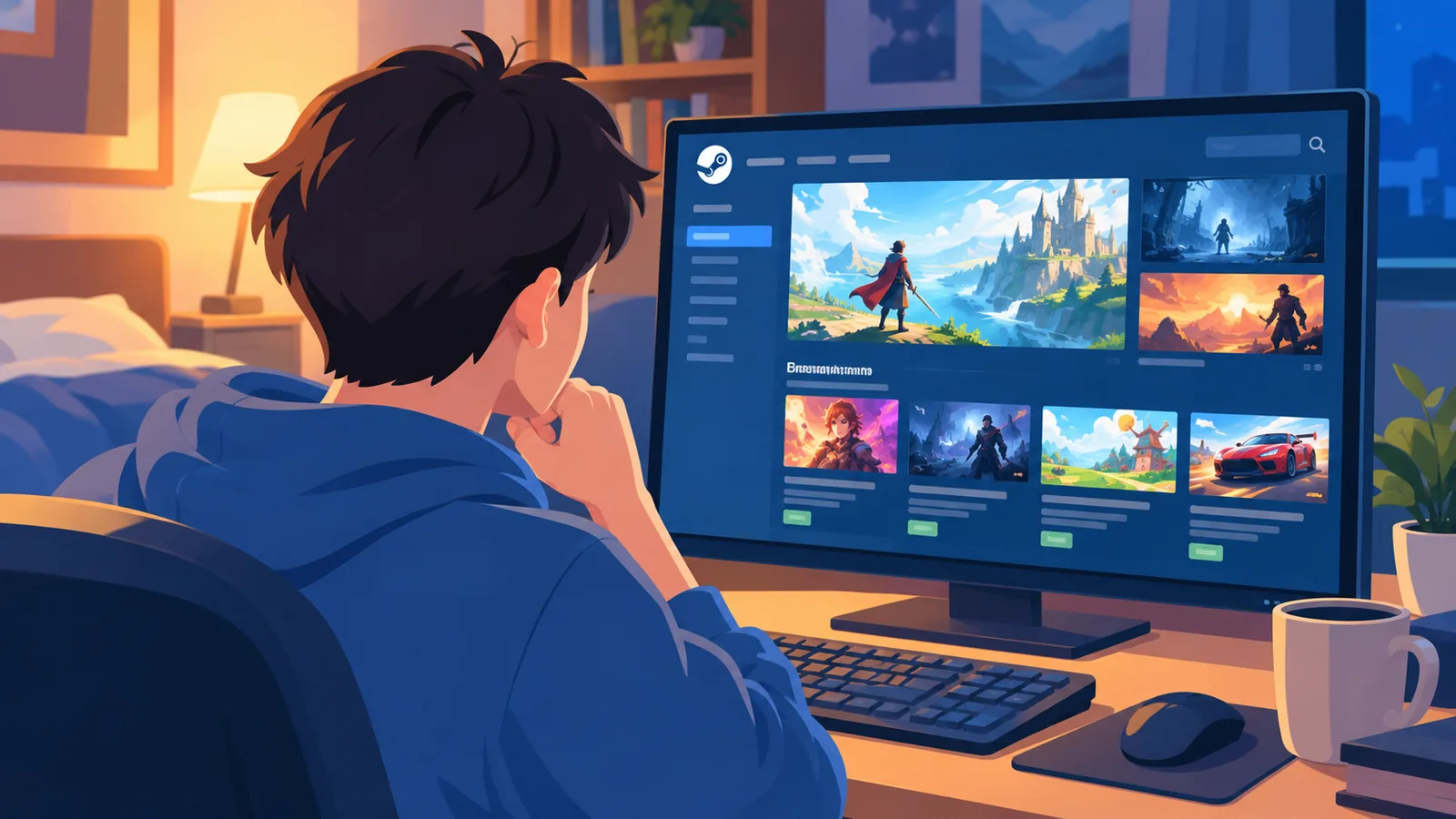 Taong nagba-browse ng Steam store sa monitor ng desktop