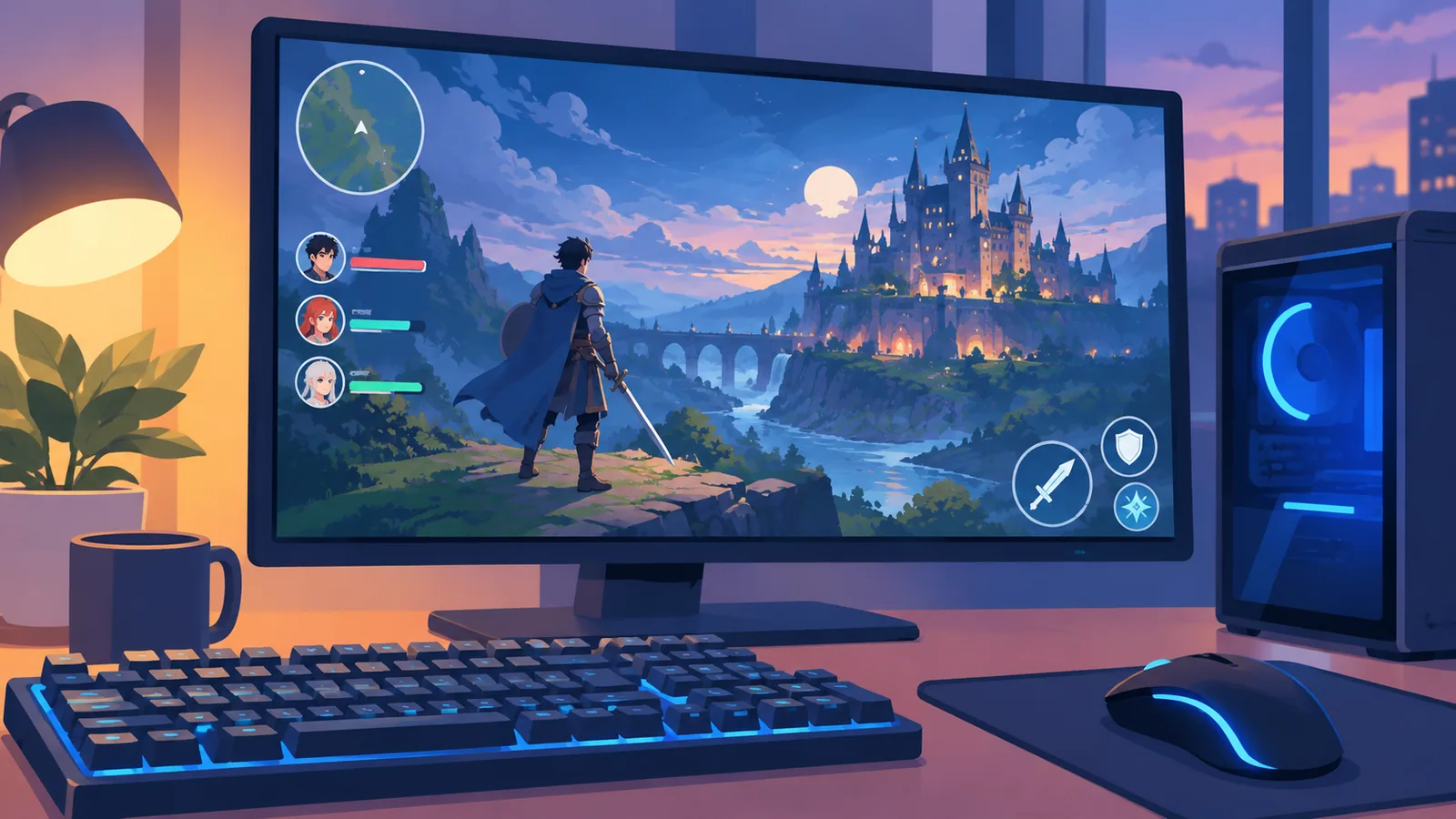 Gaming PC na nagpapakita ng fantasy RPG sa screen