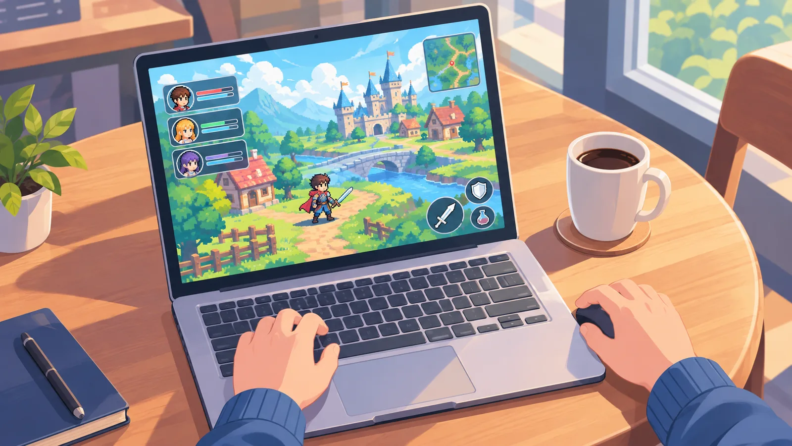 Laptop na may pixel-art na laro sa mesa ng cafe