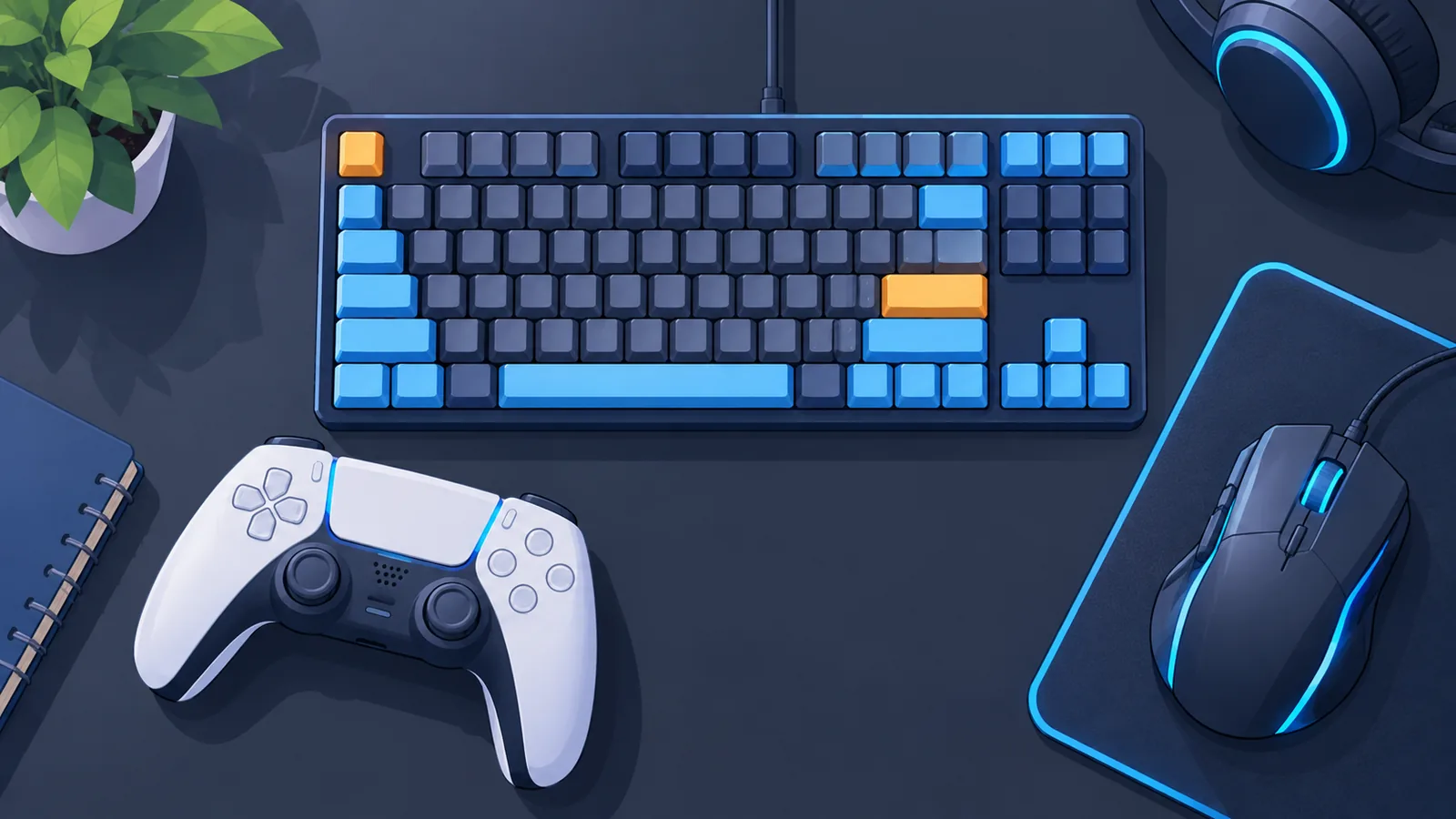Gaming controller, keyboard at mouse na nakalatag sa mesa