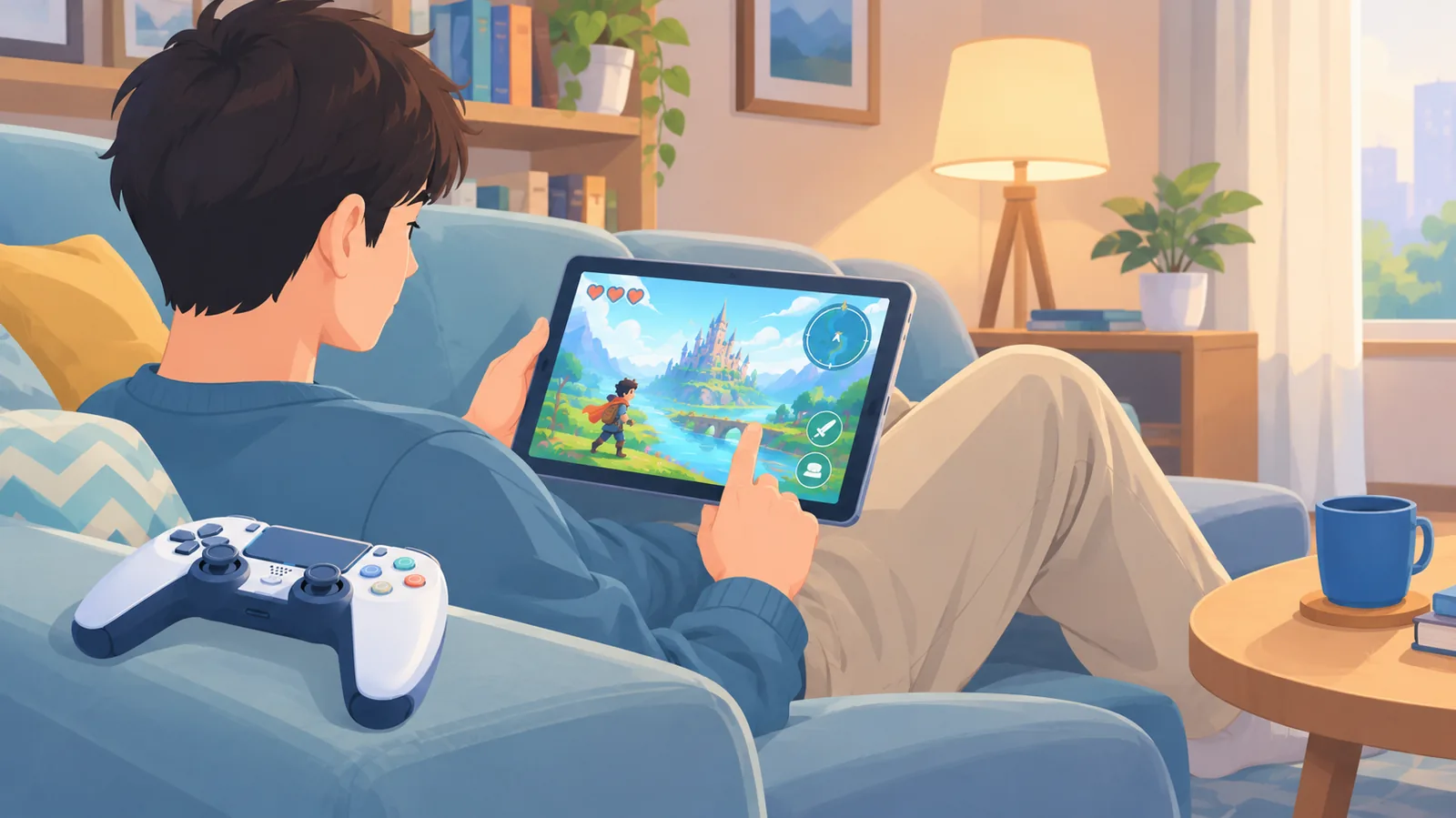 Taong nagbabasa sa tablet na may controller sa braso ng sofa