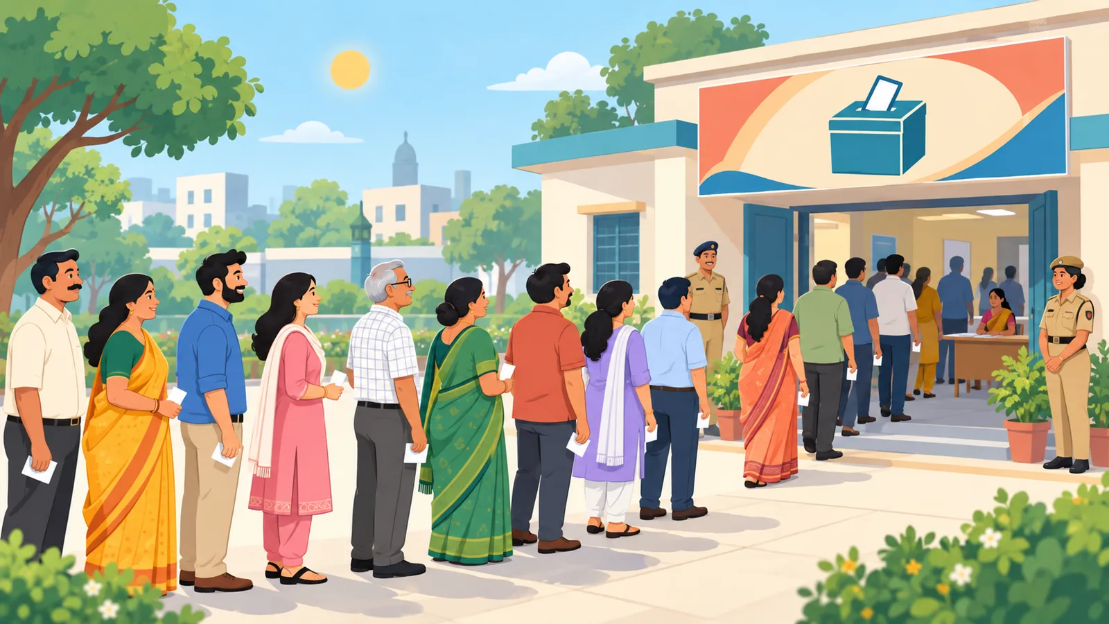 Mga botante sa pila sa labas ng presinto sa India