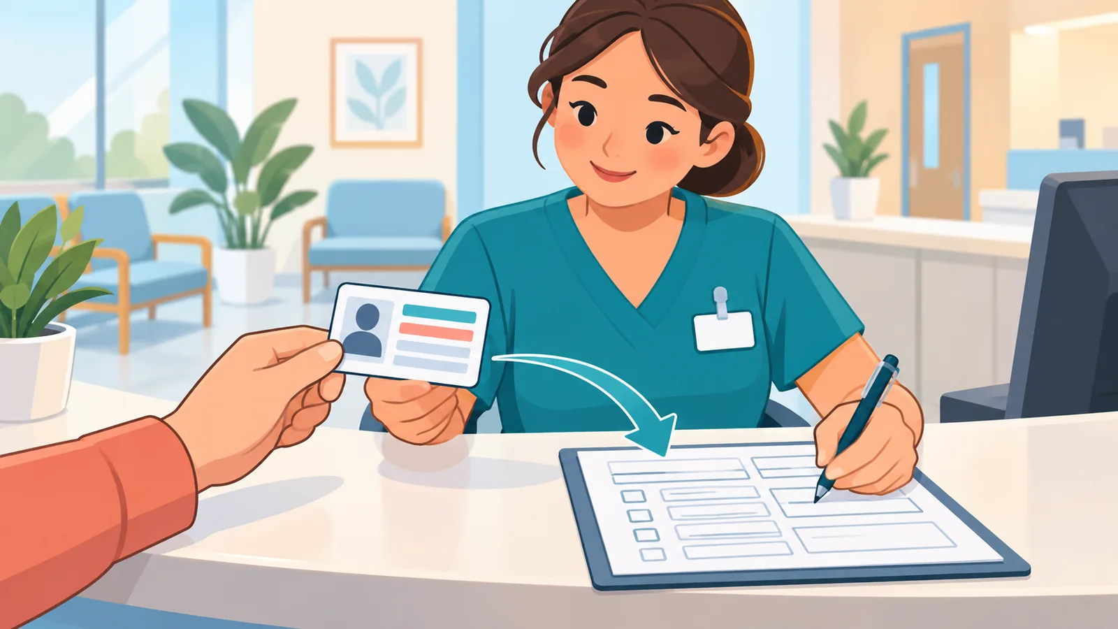 Front desk na sinusuri ang insurance card ng pasyente