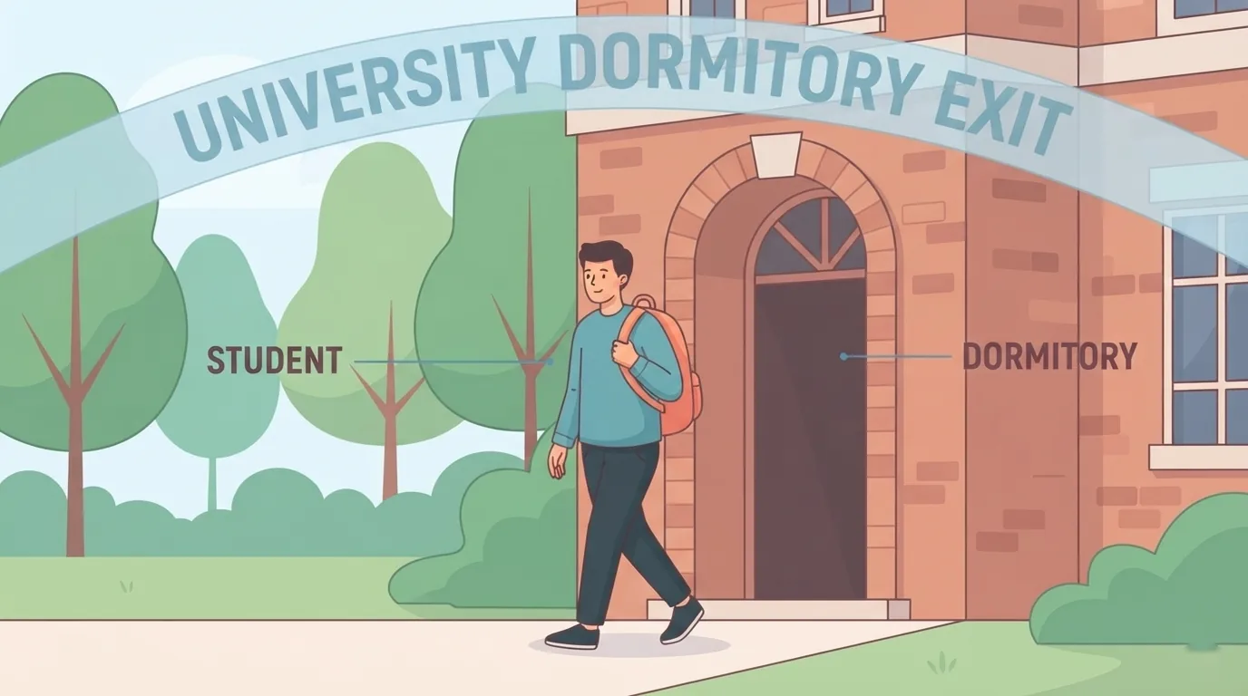 Estudyanteng may bitbit na bag sa labas ng dormitoryo ng unibersidad