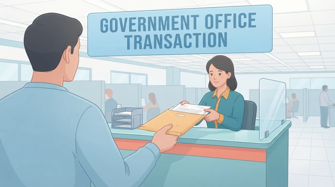 Taong iniaabot ang sobre ng mga papel sa opisyal sa counter ng gobyerno