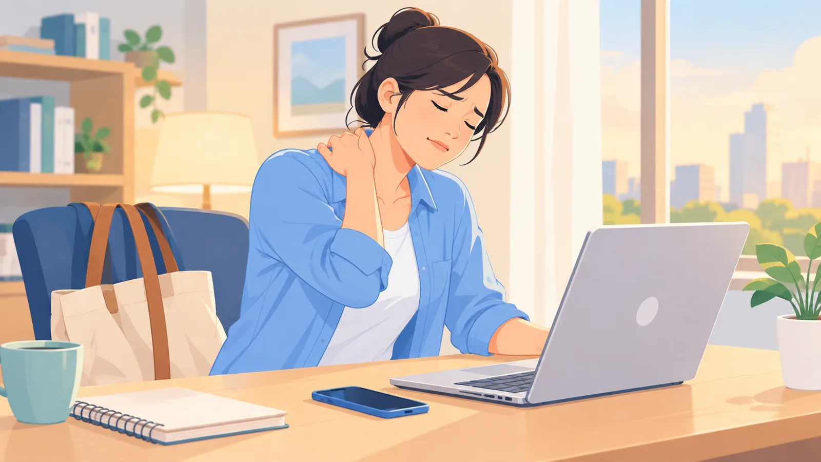 Babaeng nakayuko sa laptop na hinihimas ang balikat