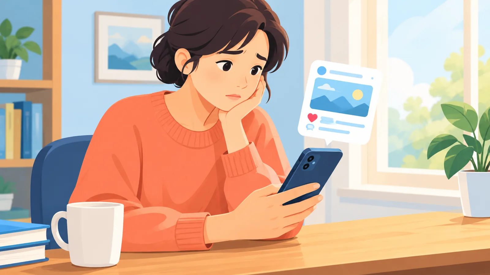 Taong nakaupo sa mesa na tinitingnan ang social media feed sa telepono