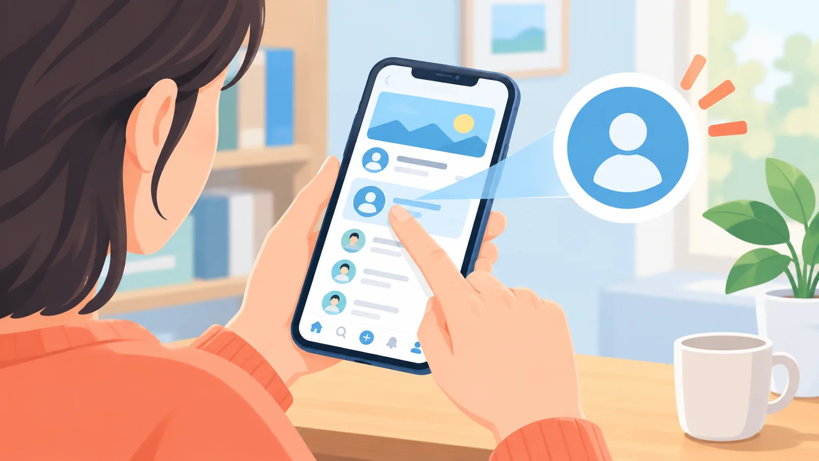 Kamay na pumipindot sa profile icon sa screen ng telepono