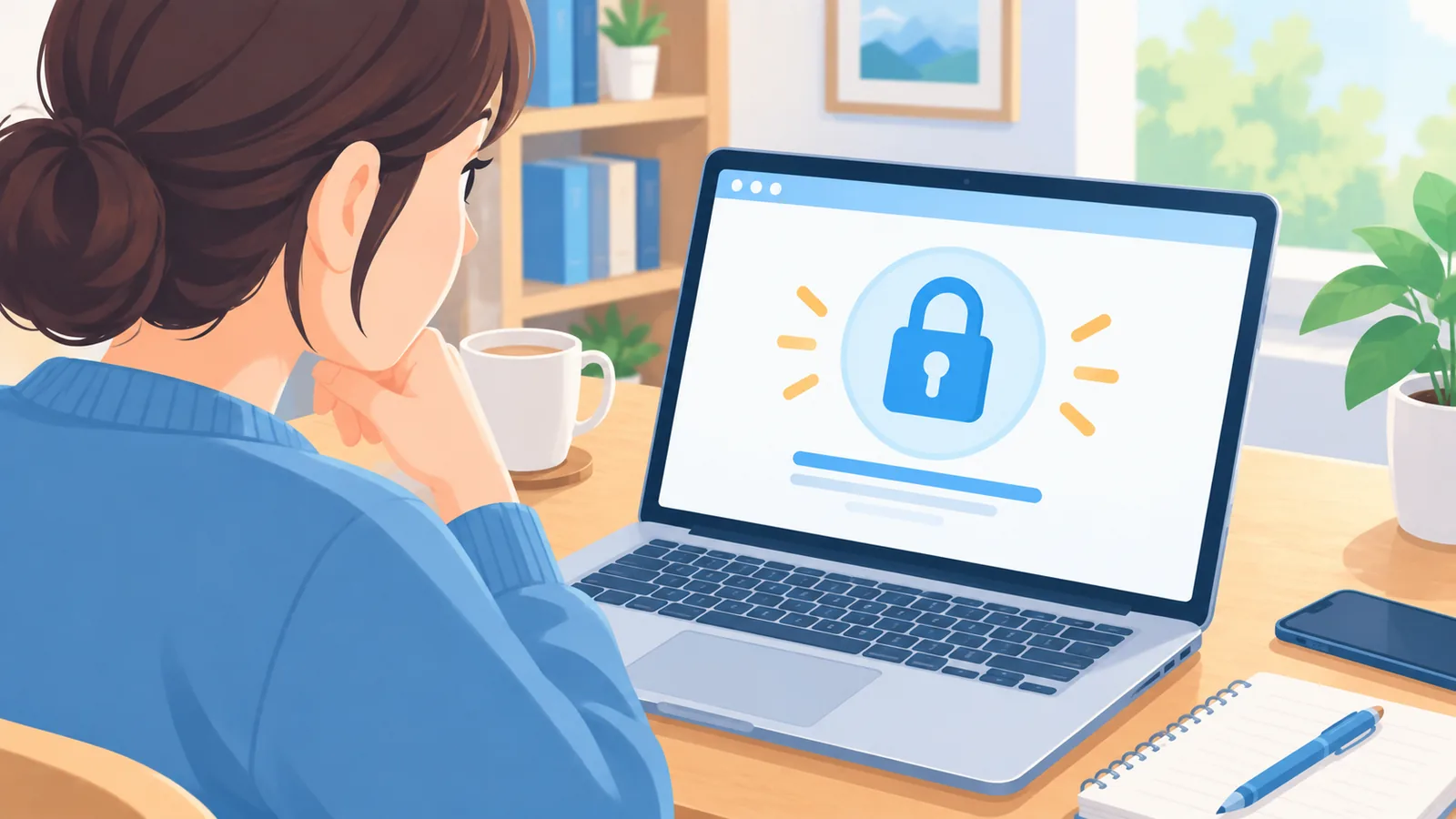 Taong nakatingin sa laptop na may padlock icon para sa privacy