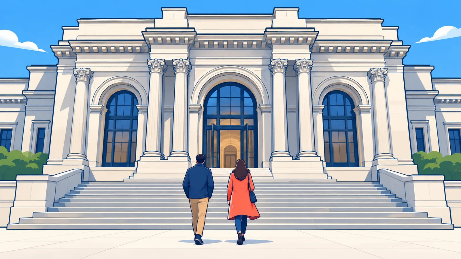 Mga bisitang papasok sa isang malaking museo sa Manhattan