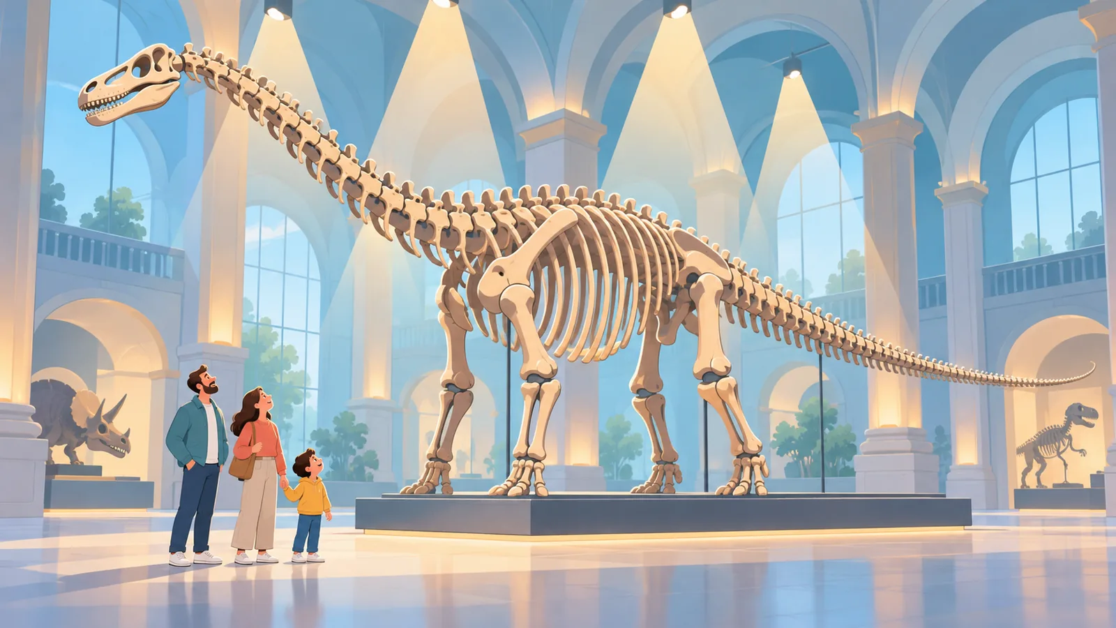 Pamilyang nakatingin sa skeleton ng dinosaur sa museo