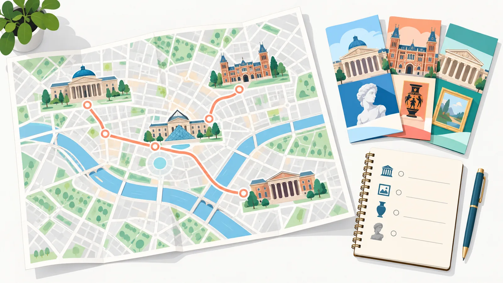 Mapa, notebook at brochure para sa pagpaplano ng museo