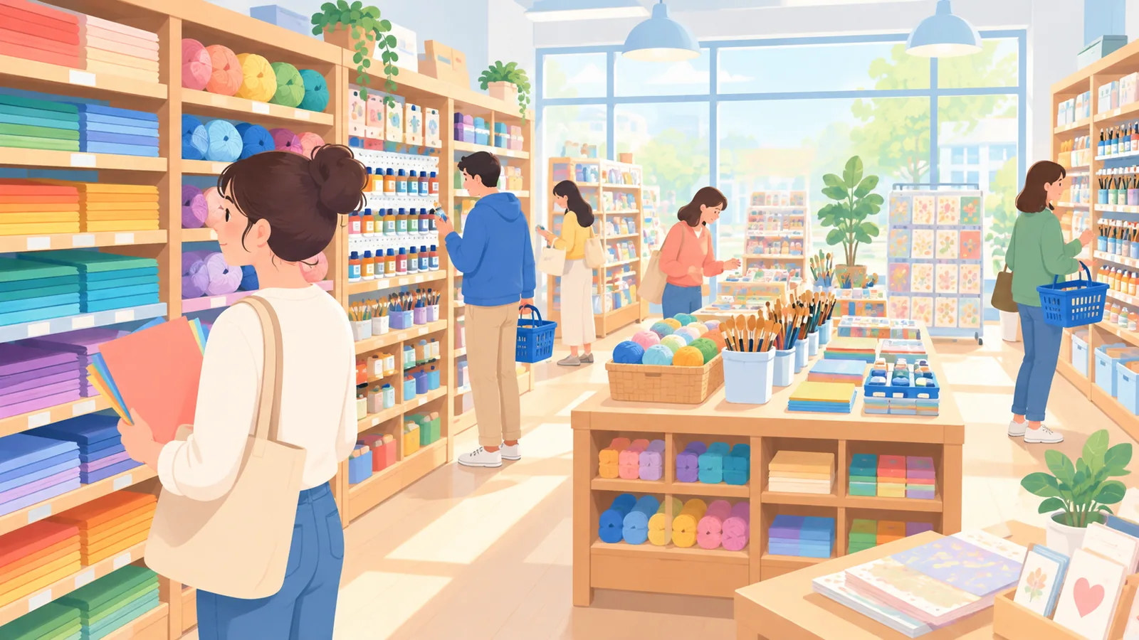 Loob ng maliwanag na craft store na may makukulay na istante