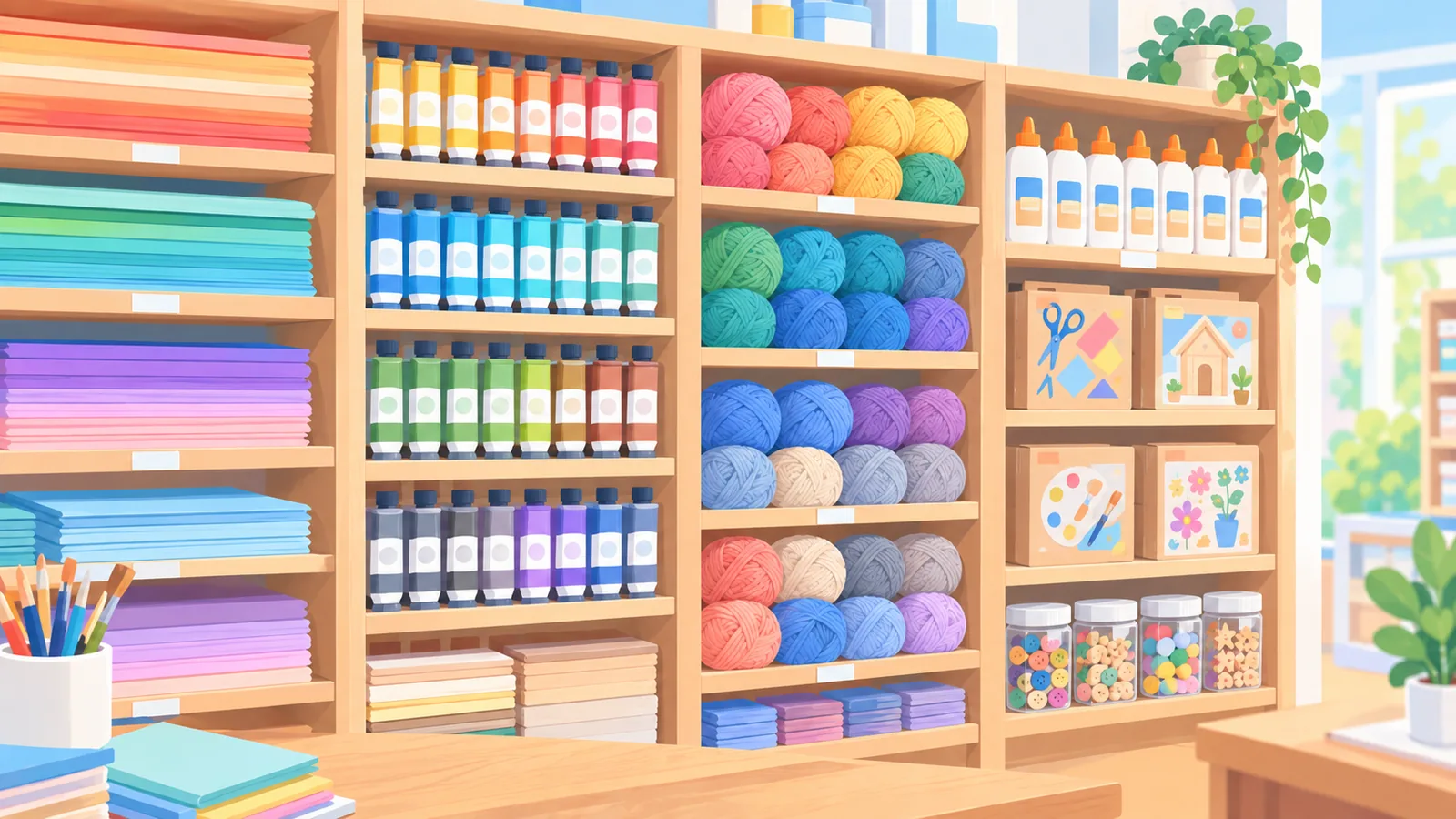 Maayos na istante ng craft supplies na hinati ayon sa kategorya