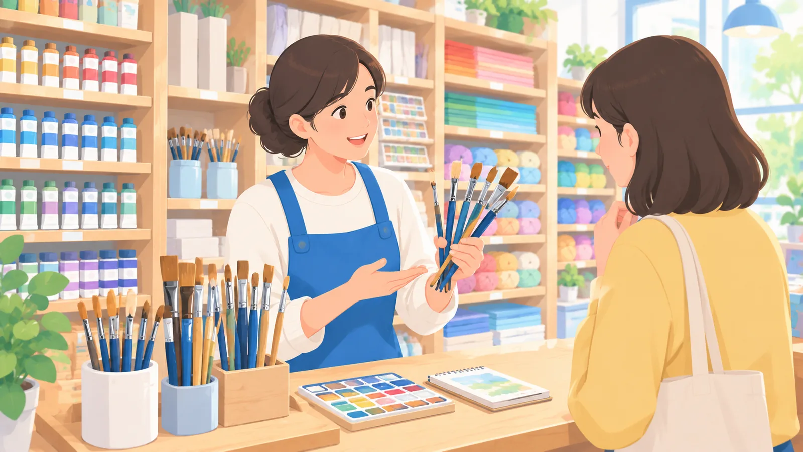 Matulunging staff na nagpapakita ng brush sa customer sa counter