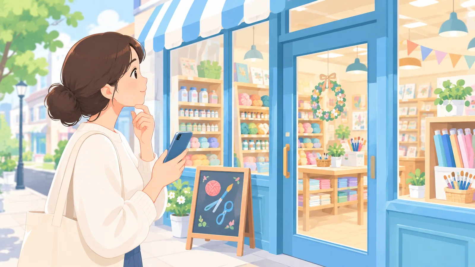 Taong nakatingin sa pasukan ng craft store habang hawak ang telepono