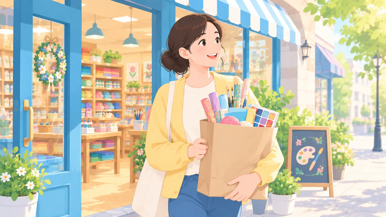 Nakangiting taong lumalabas ng craft store na may bitbit na supot ng gamit