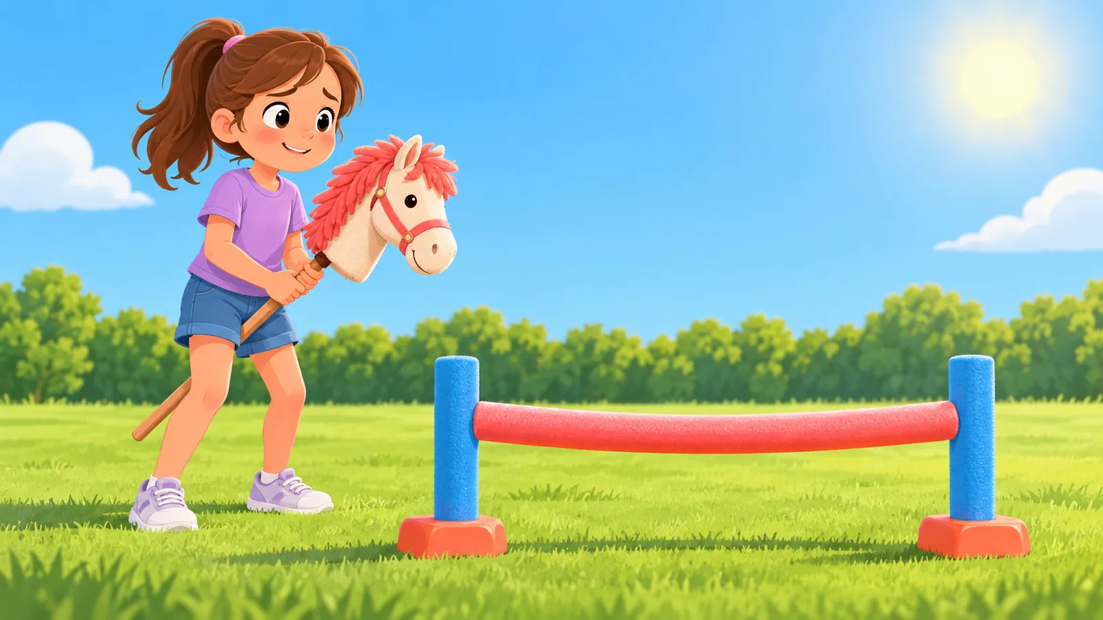 Batang may hawak na hobby horse sa tabi ng mababang harang na gawa sa pool noodle
