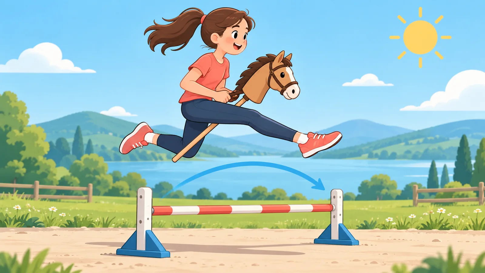 Taong tumatalon sa mababang harang gamit ang hobby horse