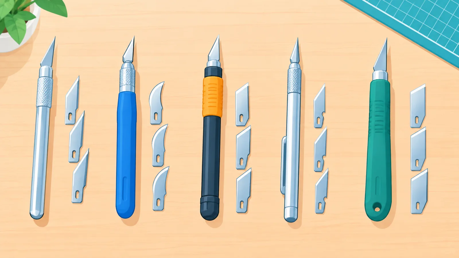 Limang hobby knife na magkakahilera sa mesa