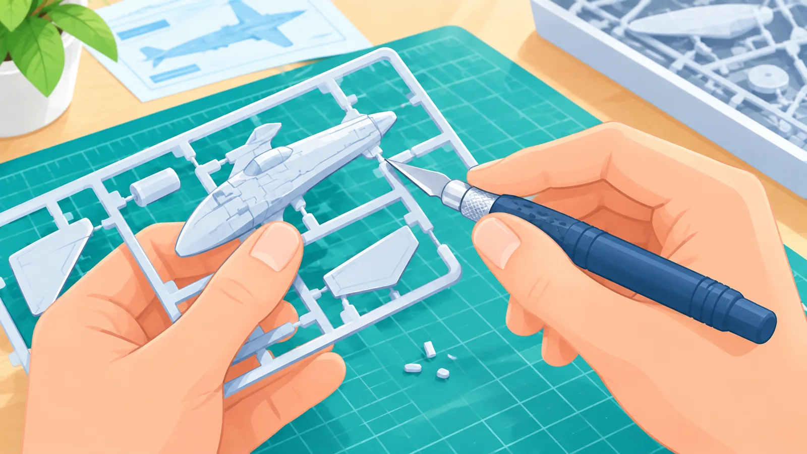 Paggupit ng parte ng plastic model gamit ang modeler’s knife