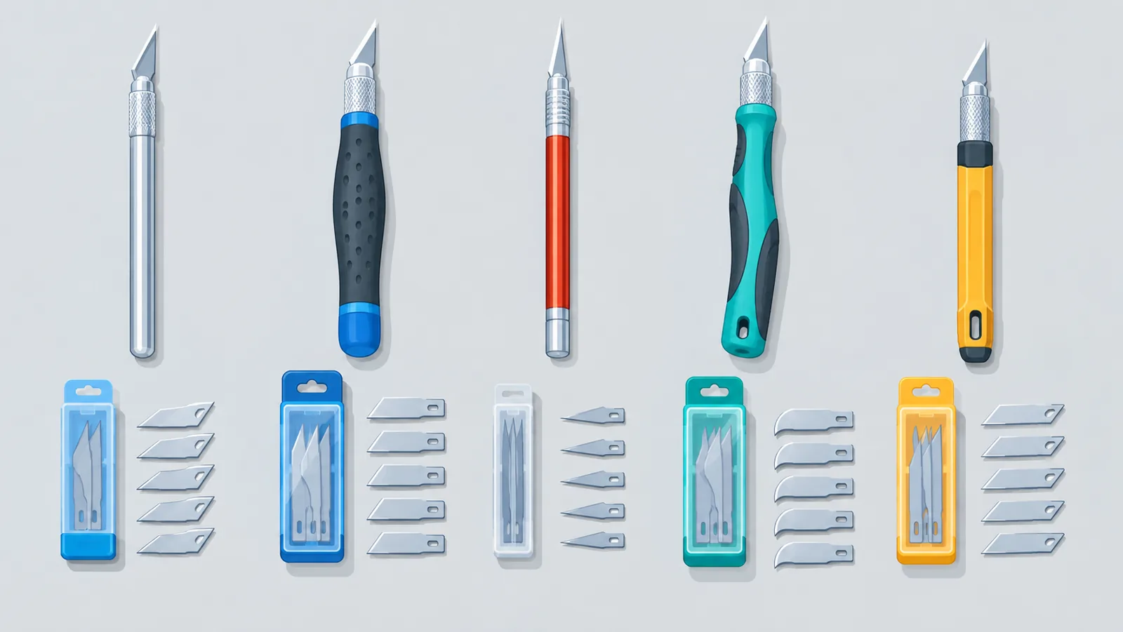 Mga hobby knife na nakahanay para sa paghahambing