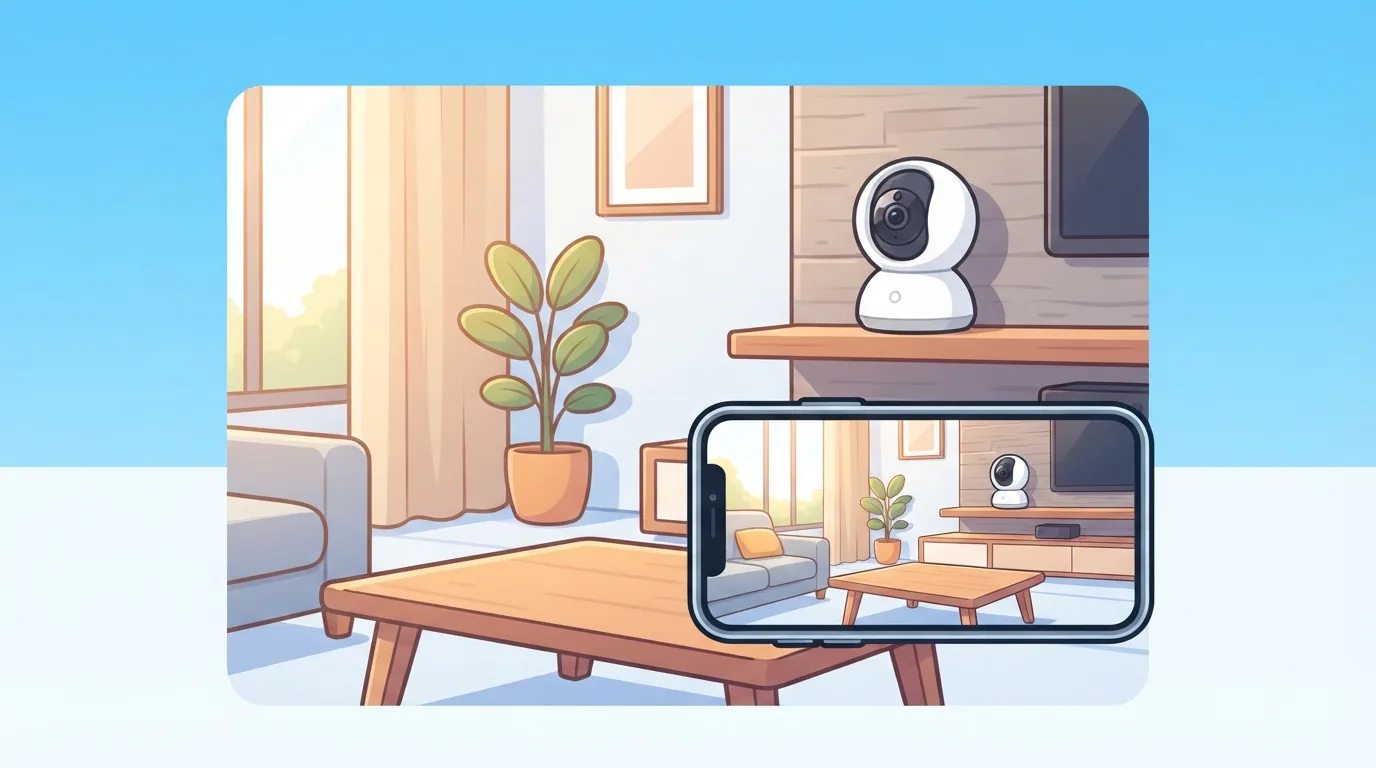 Panloob na security camera sa sala na may live view sa telepono