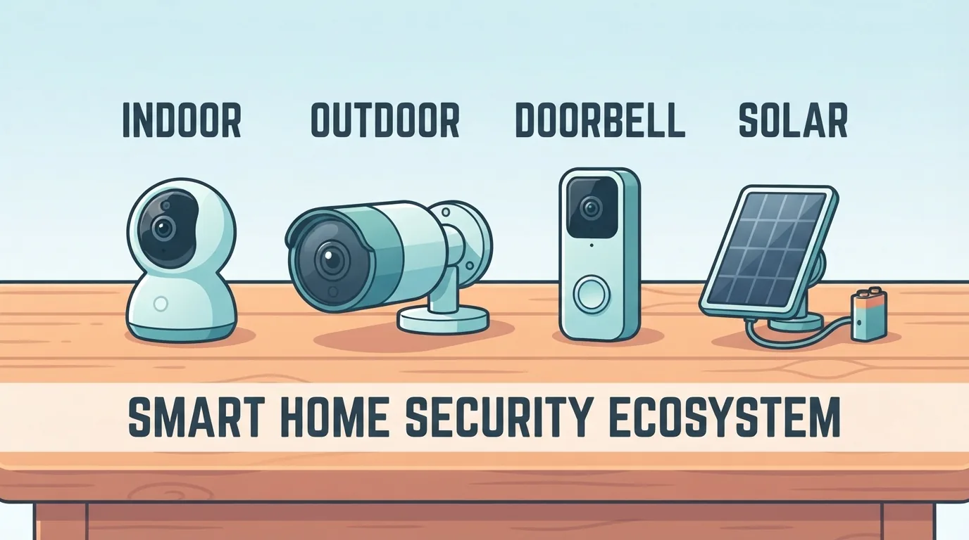 Iba’t ibang uri ng security camera na nakahanay sa mesa