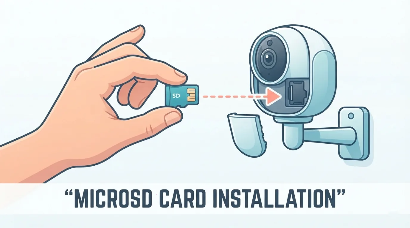 Kamay na may hawak na microSD card sa tabi ng security camera