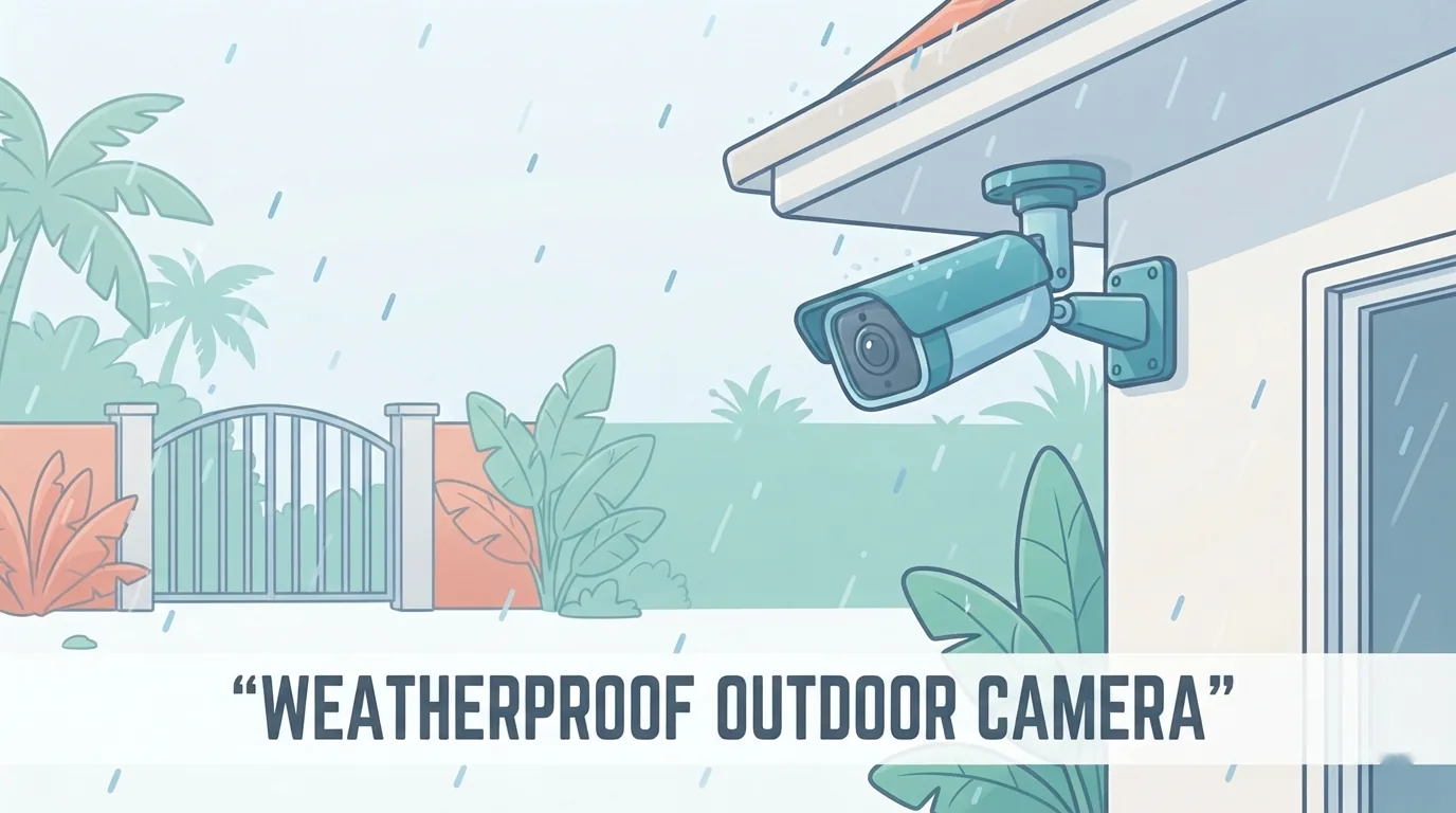 Panlabas na camera sa ilalim ng bubong ng bahay habang umuulan